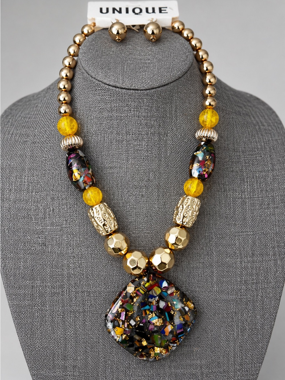 Acrylic Glitter Lucite Pendant Multi Beaded Statement Necklace with Earrings